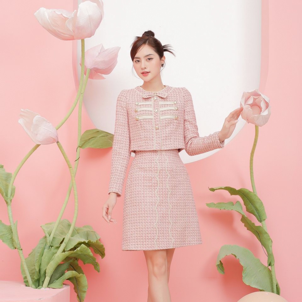 Set dạ tex hồng Skyline Rimmy, phong cách lịch sự, dịu dàng