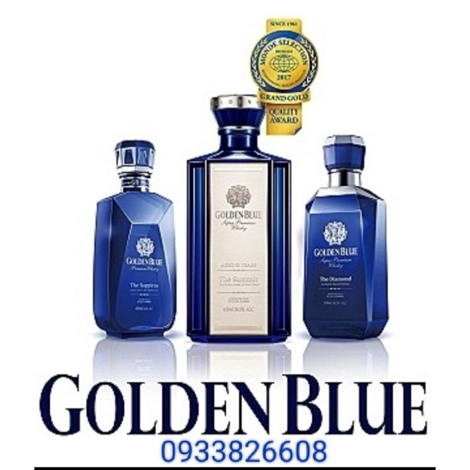 Vỏ Chai Rượu Ngoại Hàn Quốc Golden Blue Thủy Tinh Xanh Dương Tem Kim Loại 450 ML Cực Đẹp.