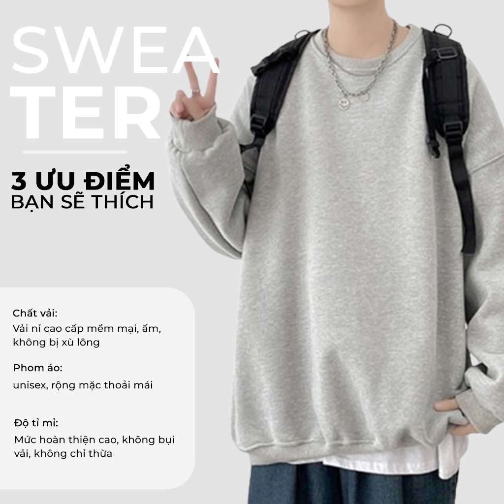 Áo Sweater Nỉ Bông Nam, Nữ Basic Form Rộng Unisex Màu Xám SWT 900 Unichic