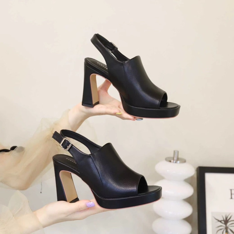 Sandal quai ngang bản to da thật gót trụ fullbox hàng quảng châu cao cấp