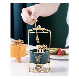 Ống cắm thìa dĩa ăn hoa quả sứ xanh + thìa dĩa inox vàng