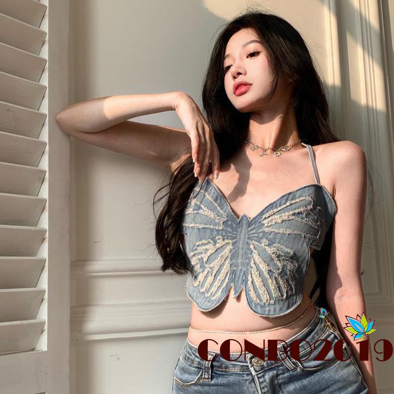 Áo Croptop Sát Nách Hở Lưng In Họa Tiết Bướm 3D Thời Trang Mùa Hè Cho Nữ