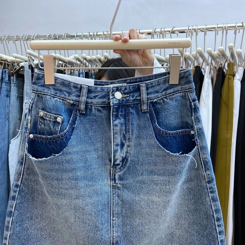Jiashucheng Chân Váy Denim Chữ A Lưng Cao Dáng Ôm Phong Cách Hàn Quốc Dễ Phối Đồ Cho Nữ