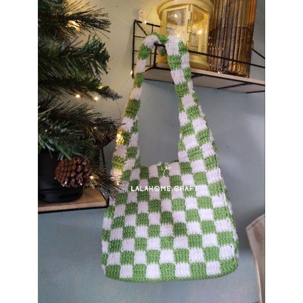 Túi len Checkered- túi len caro handmade