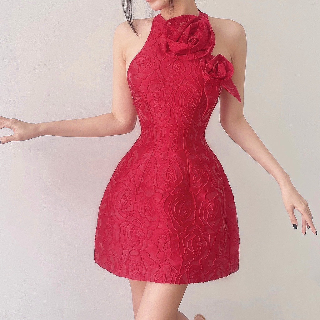 Bloom Dress - Đầm dáng yếm kết hoa nổi ngực nổi bật ngày Tết, chất gấm 3D