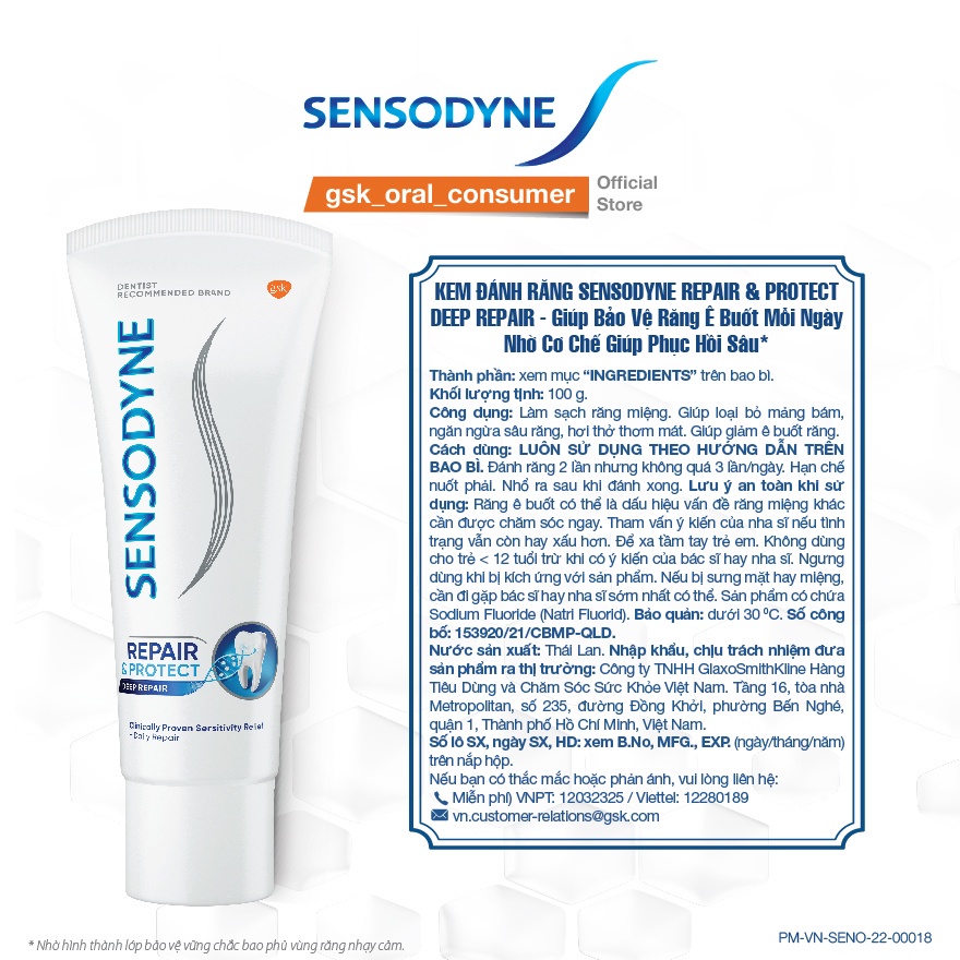 Bộ  2 Kem đánh răng Sensodyne Repair & Protect Deep Repair 100g/tuýp kem đánh răng phục hồi men răng