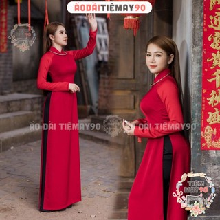 Áo dài đỏ truyền thống Tiệm 90 may sẵn áo lụa tây thi dày dặn co giãn dự tiệc cưới lễ tết đẹp AD90002