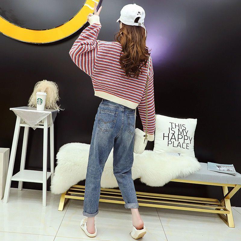 Áo Len Croptop Dáng Rộng Họa Tiết Kẻ Sọc Thời Trang Mùa Thu Cho Nữ