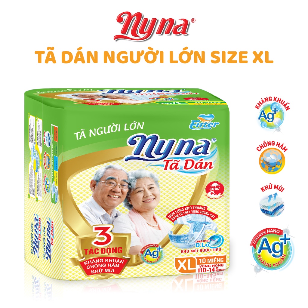 Tã dán người già bệnh NYNA size L XL 10 miếng siêu mỏng siêu thấm tả bỉm