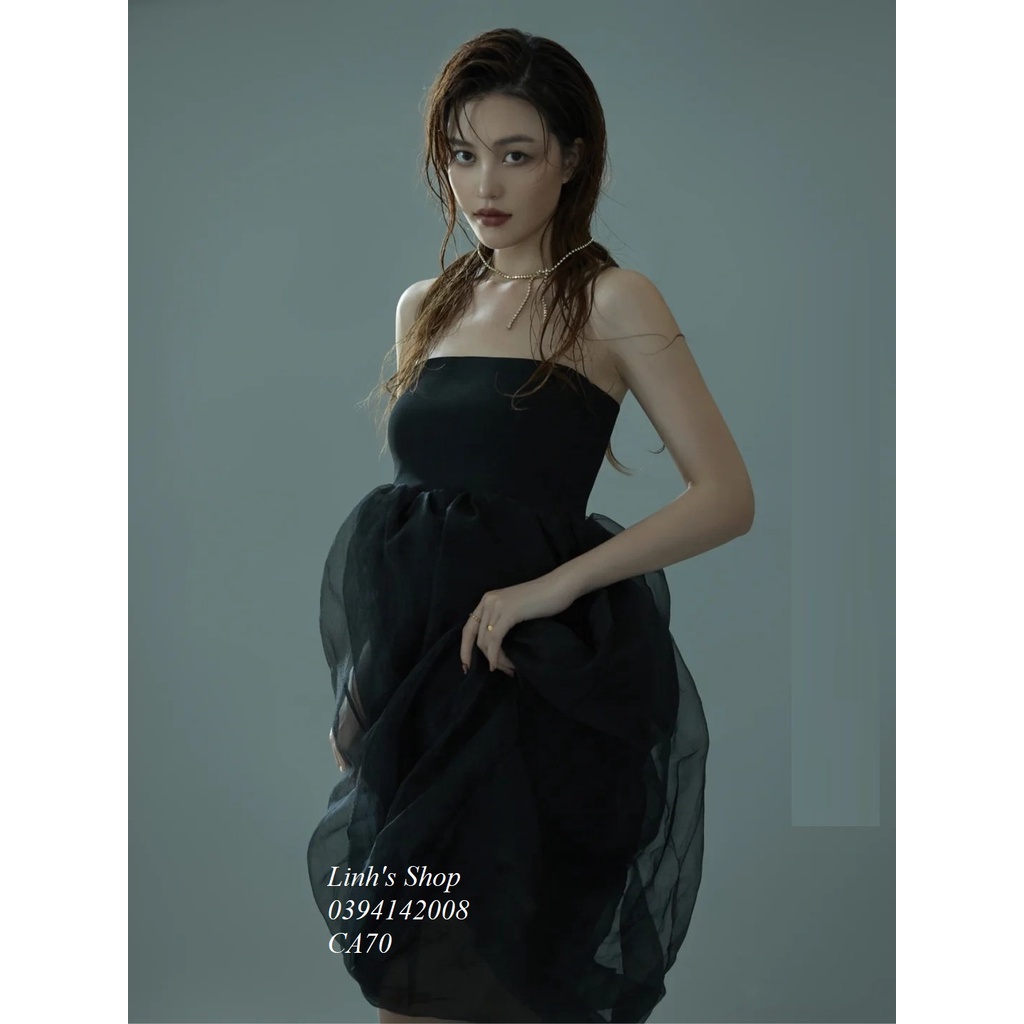 Đầm dệt kim pha voan bồng màu đen làm đạo cụ chụp ảnh thời trang dành cho mẹ bầu CA70