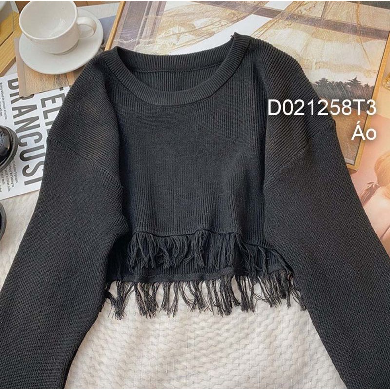 Áo len croptop tay dài lai tua rua 0112