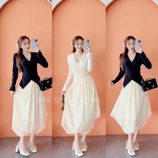 Set áo croptop ngắn tay kèm chân váy xoè midi dự tiệc