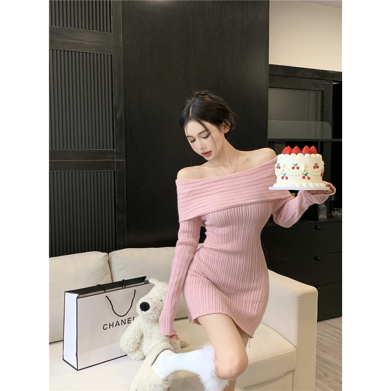 Đầm Len Dệt Kim Trễ Vai Thời Trang Thu Đông Dành Cho Nữ