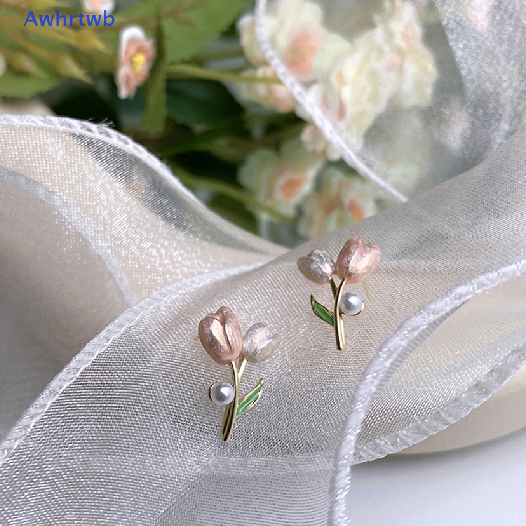 1 Cặp Bông Tai Hình Hoa Tulip Đính Ngọc Trai Hồng Thanh Lịch Dành Cho Nữ Mới