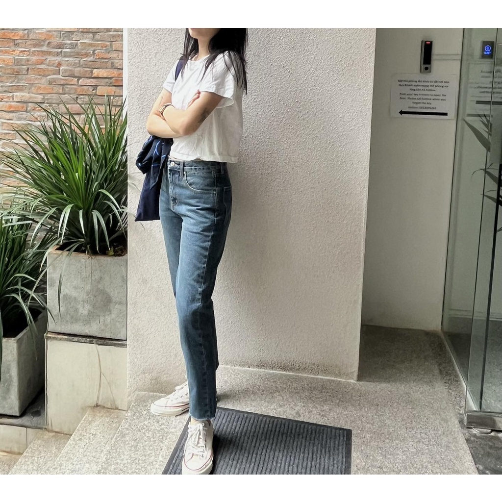 TheBlueTshirt - Quần Jeans Lưng Cao Nữ - Raw Hem Jeans Western Wash