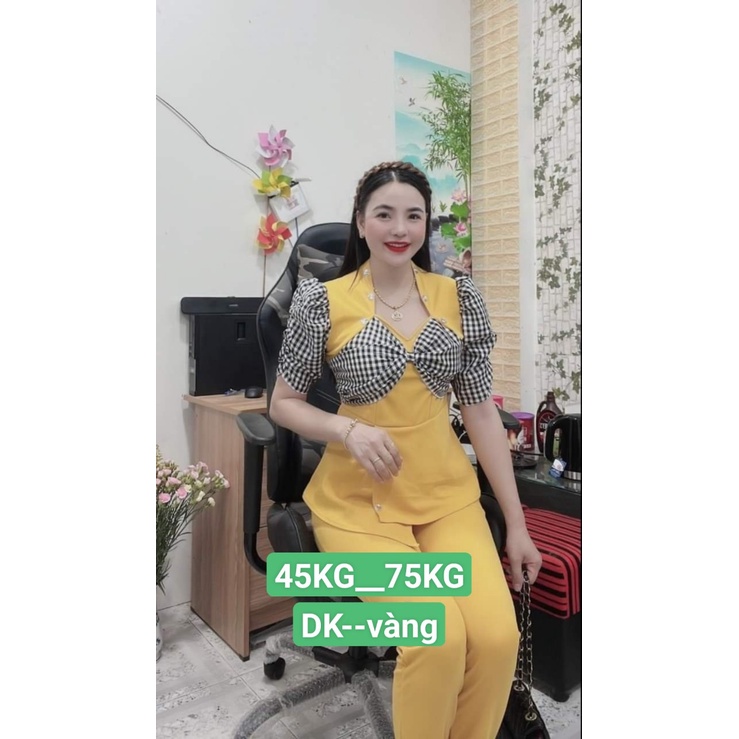 Set Bộ Thun Cát 2 Da Tay Phối Caro Cổ Nơ To không xù, không xước co giản mềm mịn mặc nhà cách điệu thêu hạt sắc xảo-TKDK