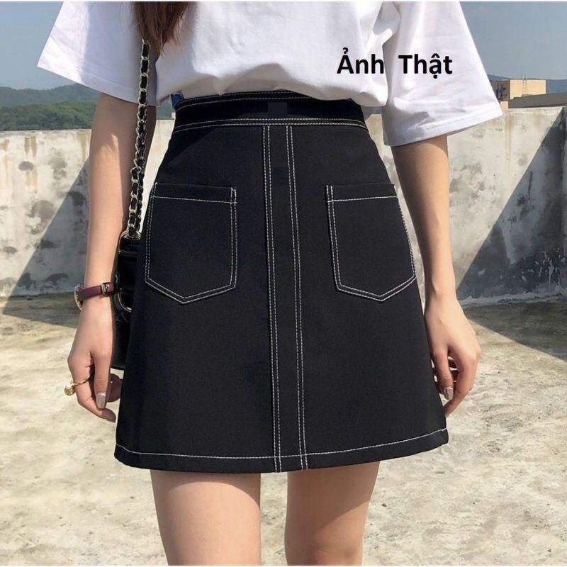 Chân váy chữ A chân váy ngắn trần chỉ nổi phối túi xinh xắn PANOSI - CV451