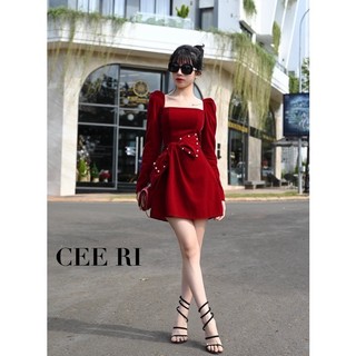 CEE RI - Váy nhung cao cấp nơ eo đính ngọc ( Ảnh Thật - Chính Chủ )
