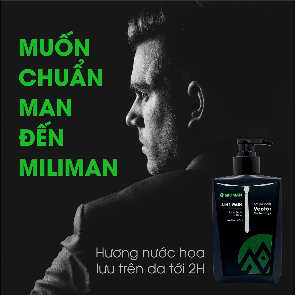 Combo 3 Chai Sữa Tắm Gội 3 In 1 MILIMAN 300ml - Tắm, Gội, Rửa Mặt 3 In 1, AAV Dưỡng Da Toàn Thân, Hương Nước Hoa