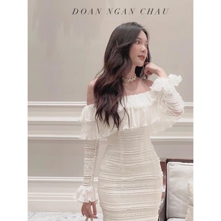 Đầm midi trắng ren xô hoa bẹt vai tầng tay loe dài sang trọng