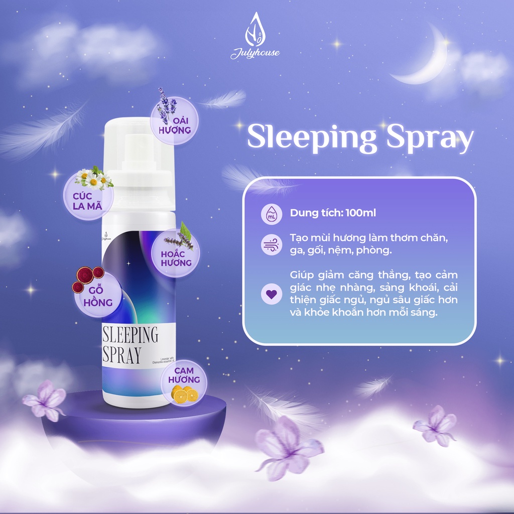 Bình xịt thơm phòng ngủ Sleeping Spray Julyhouse 100ml xịt thơm ngủ ngon hương hoa Lavender thư giãn giảm căng thẳng