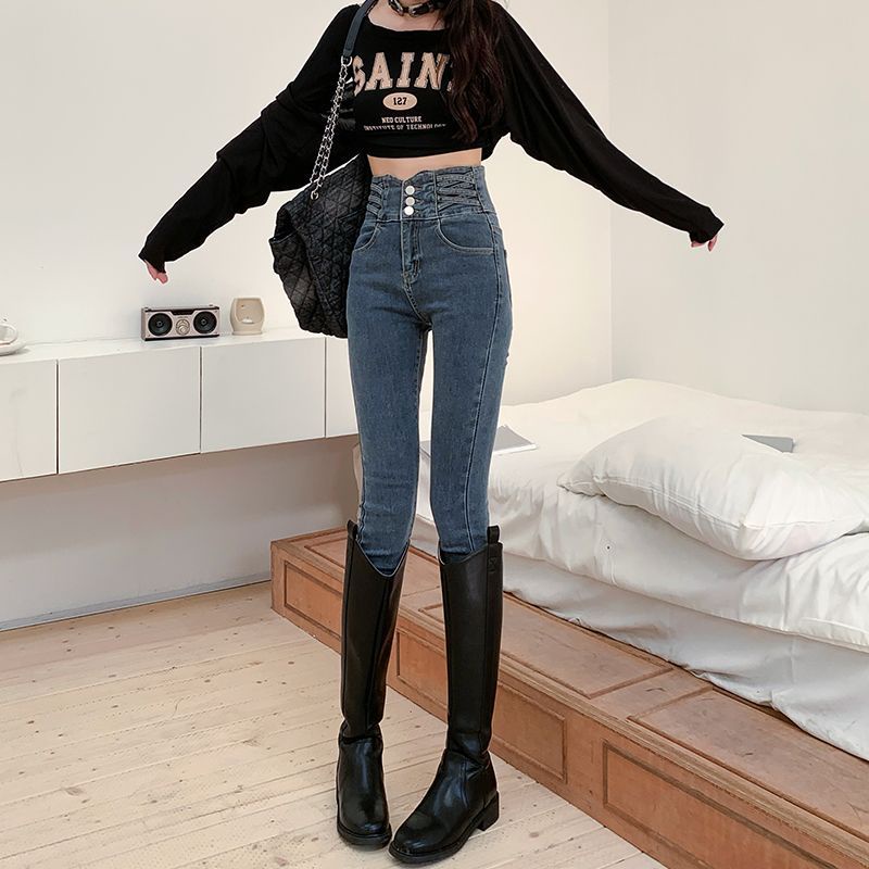 Jiashucheng Quần Jean Nữ Lưng Cao Dáng Ôm Thời Trang Thu Đông Dễ Phối Đồ