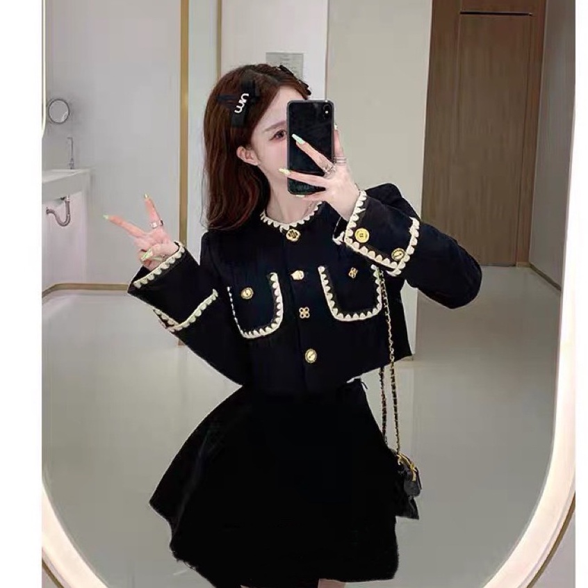 Set áo váy nhung Quảng Châu thiết kế dài tay phối viền ren tiểu thư, Set đồ nữ thu đông trẻ trung rẻ đẹp Bun Shop20