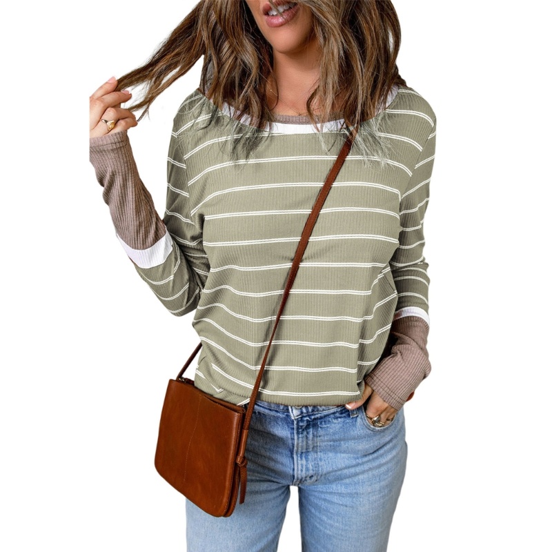 Áo Thun Tay Dài Cổ Tròn Họa Tiết Kẻ Sọc Màu Sắc Đơn Giản Thời Trang Mùa Thu Cho Nữ