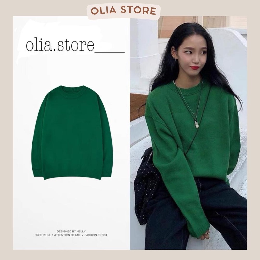 Áo sweater len basic trơn màu xanh lá Olia