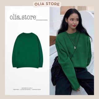 Áo sweater len basic trơn màu xanh lá Olia