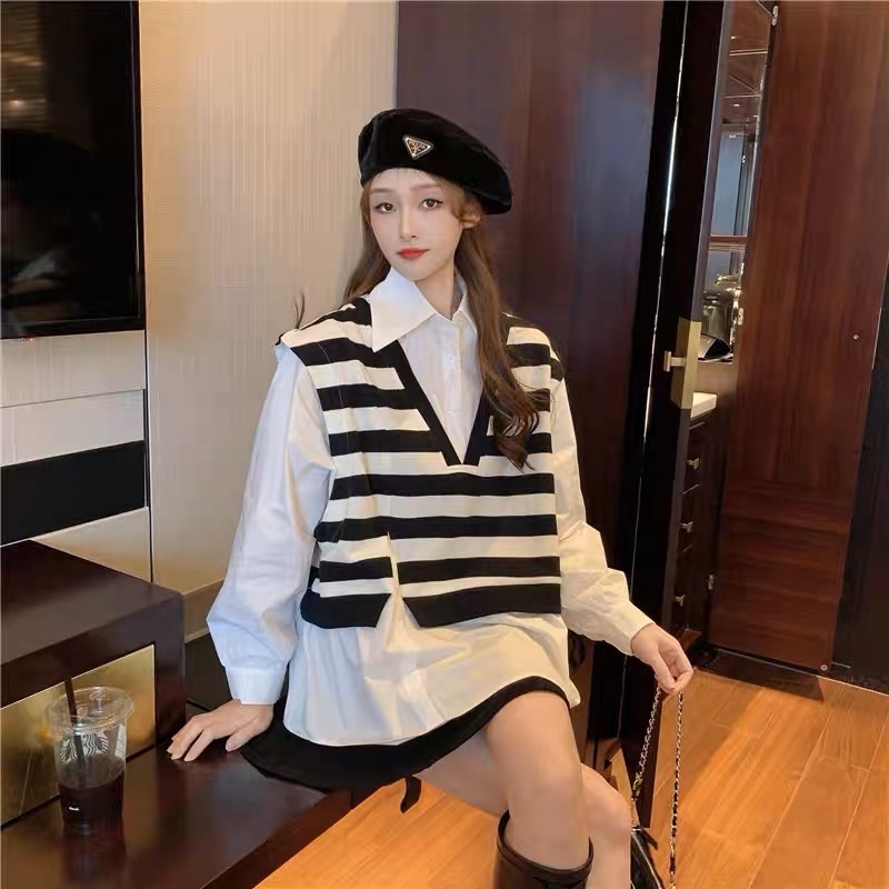 Áo sơ mi giả tay dài kẻ ngang trắng đen