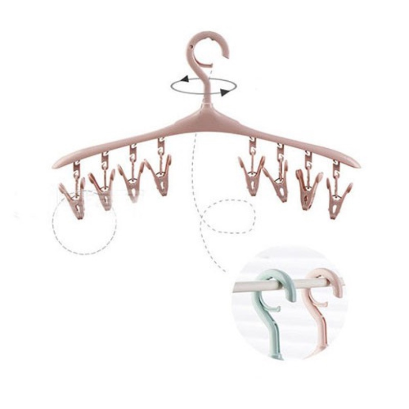 Móc phơi quần áo 8 kẹp nhựa thiết kế cải tiến giúp tăng diện tích phơi, đầu móc có khóa giúp quần áo không bị bay