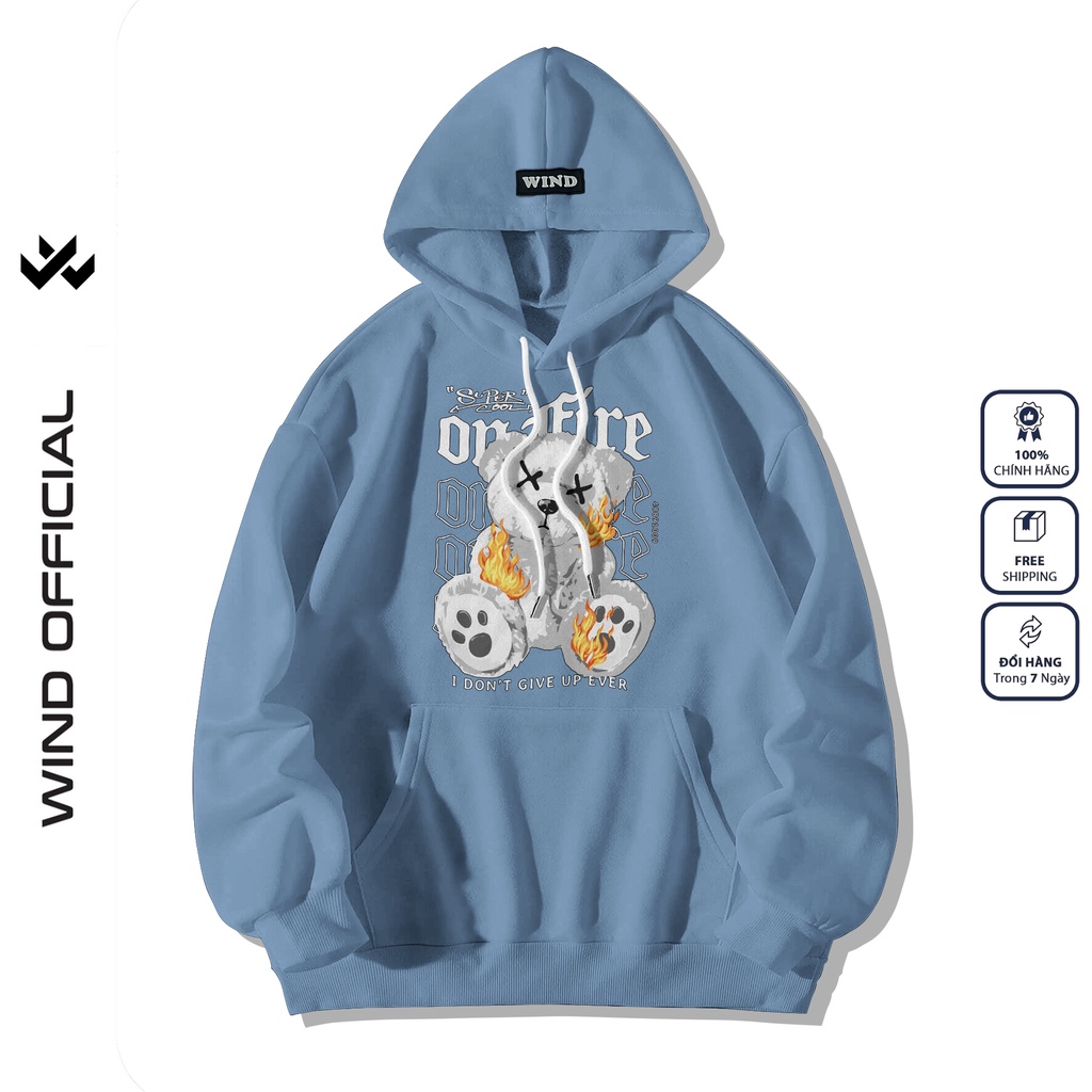 Áo hoodie unisex form rộng WIND On Fire Bear nỉ bông thời trang nam nữ oversize