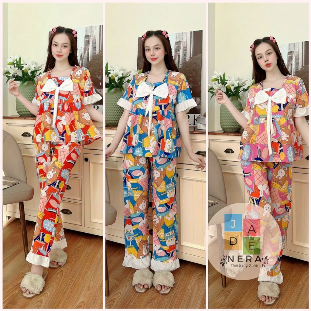 Bộ mặc nhà babydoll - tay ngắn phối nơ, quần dài có túi, lụa mịn, dễ thương - Freesize (42-60kg)