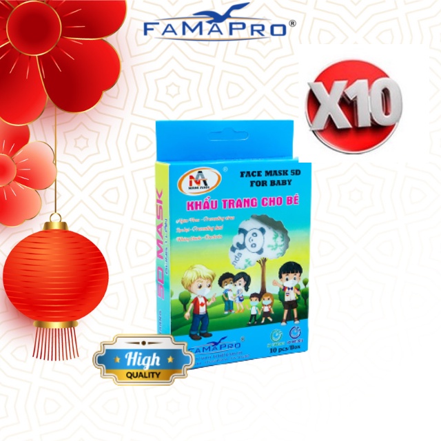 [COMBO 10 Hộp] khẩu trang y tế trẻ em (8-15kg) 3 lớp kháng khuẩn Famapro 5D BABY quai thun (10 cái/hộp)