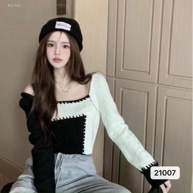 Áo len trễ vai phối màu, Ao len cổ vuông pha màu hoạ tiết lạ xinh