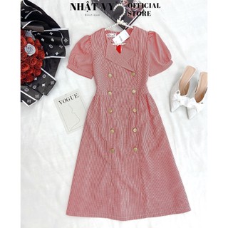 Đầm vest công sở Nhật Vy tay phồng nhún eo phối đính cúc chất lụa zizzac phù hợp đi chơi cafe sang chảnh - D2621
