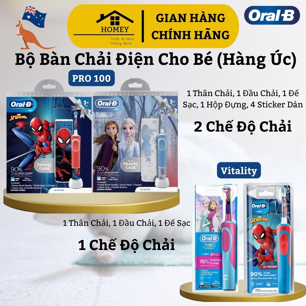 Homey- Bàn Chải Điện Trẻ em Từ 5+ Tuổi Oral-B Pro 100 & Vitality Stages Power - Hàng Nội Địa Úc