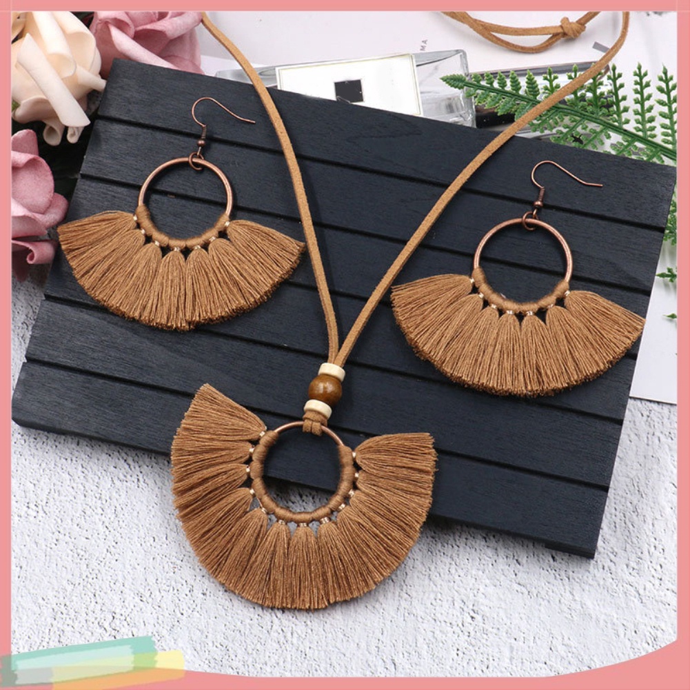 Bộ vòng cổ + Bông Tai Dạng Tua Rua Phong Cách Bohemian