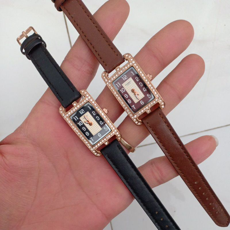 đồng hồ nữ si dây da hiệu HERMES màu vàng hồng mặt chữ nhật tank