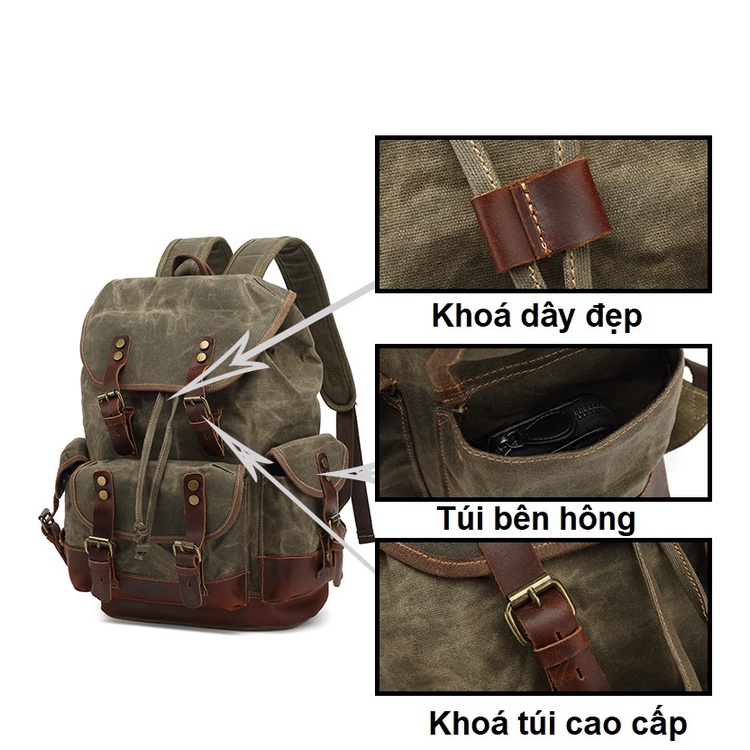 Balo 2 canvas sáp, da thật, khoá đồng cao cấp