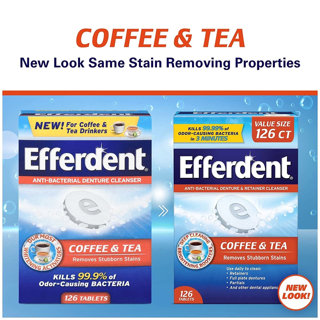 Efferdent Coffee & Tea Viên sủi làm sạch và vệ sinh hàm giả răng giả hàm tháo lắp, khay chỉnh nha 126 viên