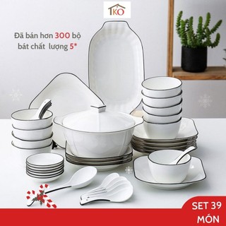 Bộ bát đĩa sứ xương cao cấp trắng viền đen phong cách Bắc Âu 39 món 35 món 21 món