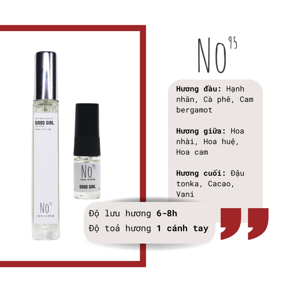 Tinh dầu nước hoa No.95 size 2ml, mẫu dùng thử, hương thơm cao cấp, chính hãng