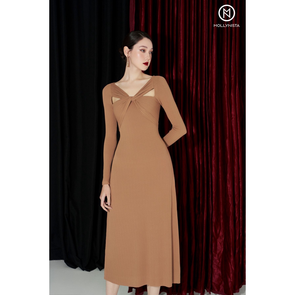 MOLLYNISTA - Đầm Yuna thun gân sọc kiểu xoắn thanh lịch nữ tính thiết kế cao cấp form ôm tôn dáng