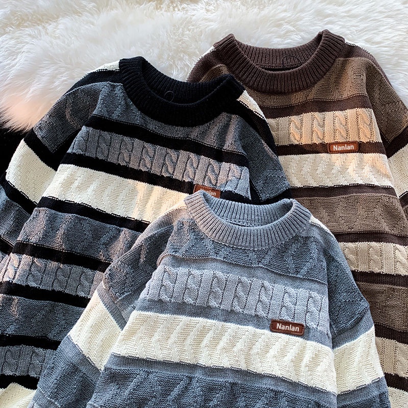 Áo Sweater Cổ Tròn Kẻ Sọc Màu Sắc Tương Phản Thời Trang Thu Đông Cho Nam Và Nữ