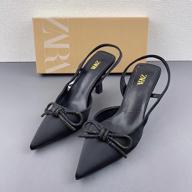 Giày ZR satin nơ đính đá đen NMINE STORE hàng FULLBOX đế 7cm