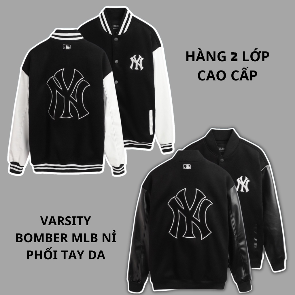 Áo Khoác Bomber M.L.B N.Y, Áo Khoác Varsity M.L.B vải nỉ tay da unisex abi.unisex
