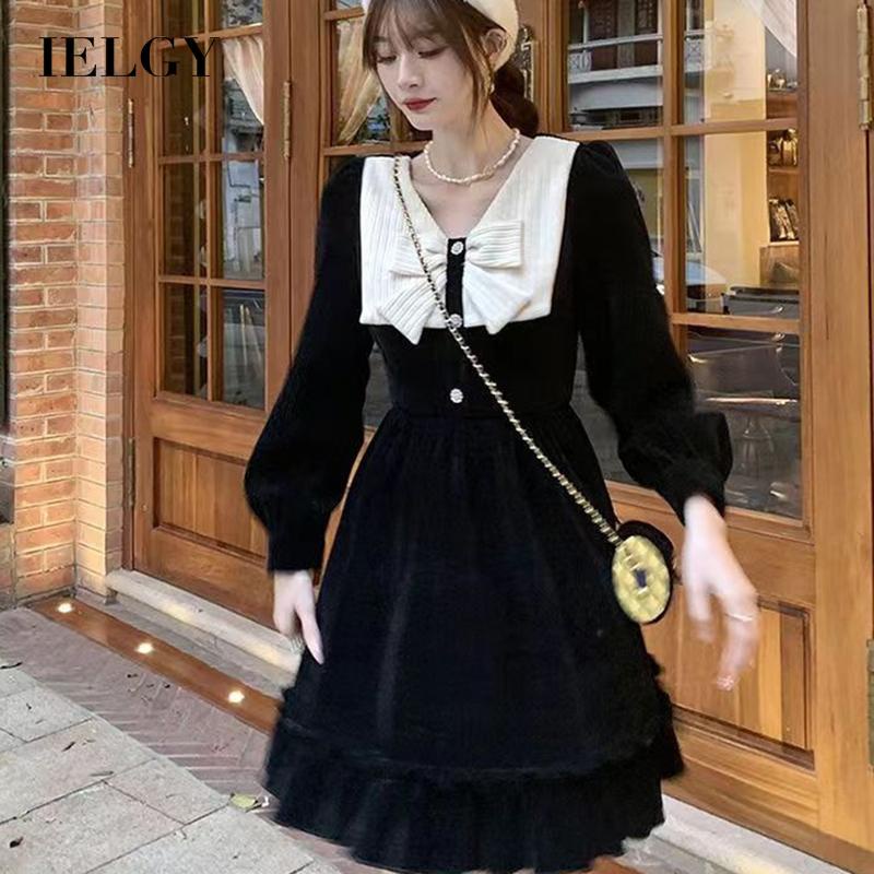 IELGY IELGY Đầm Đen Thắt Nơ Phong Cách Pháp Cổ Điển Cho Nữ