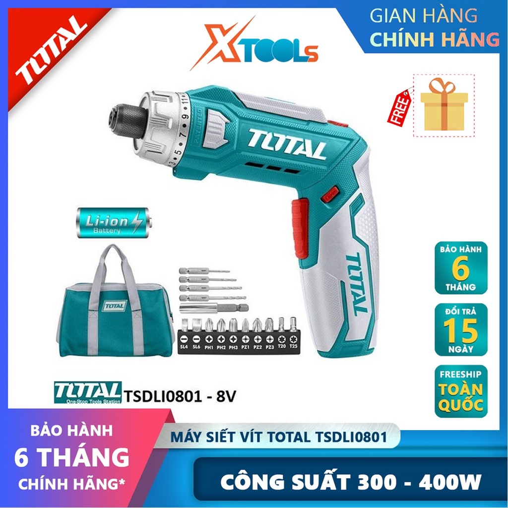 Máy bắn vít mini dùng pin 8v TOTAL TSDLI0801 tốc độ 220v/p, đầu lục giác 1/4", có đèn led, có chức năng đảo chiều, điện